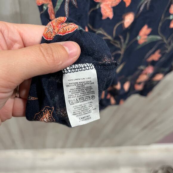 Loft Navy Floral 100% Linen Ruffle Sleeve Shirt Blouse Womens Small - Picture 4 of 8